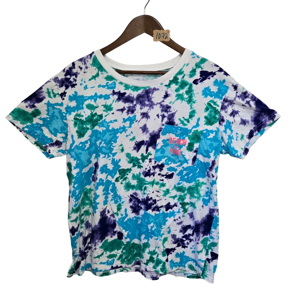 Flirtitude Active Womens XL Tie Dye T-Shirt Beach Vs Pool Pocket Tee Purple Blue